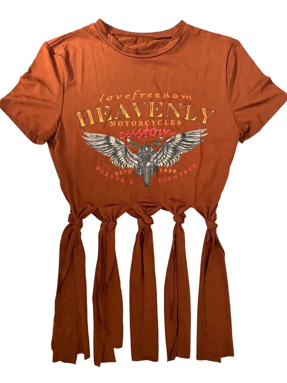 NWT SHEIN BamGleam Bronze Motorcycle Graphic Fringe Tassel Tee medium new